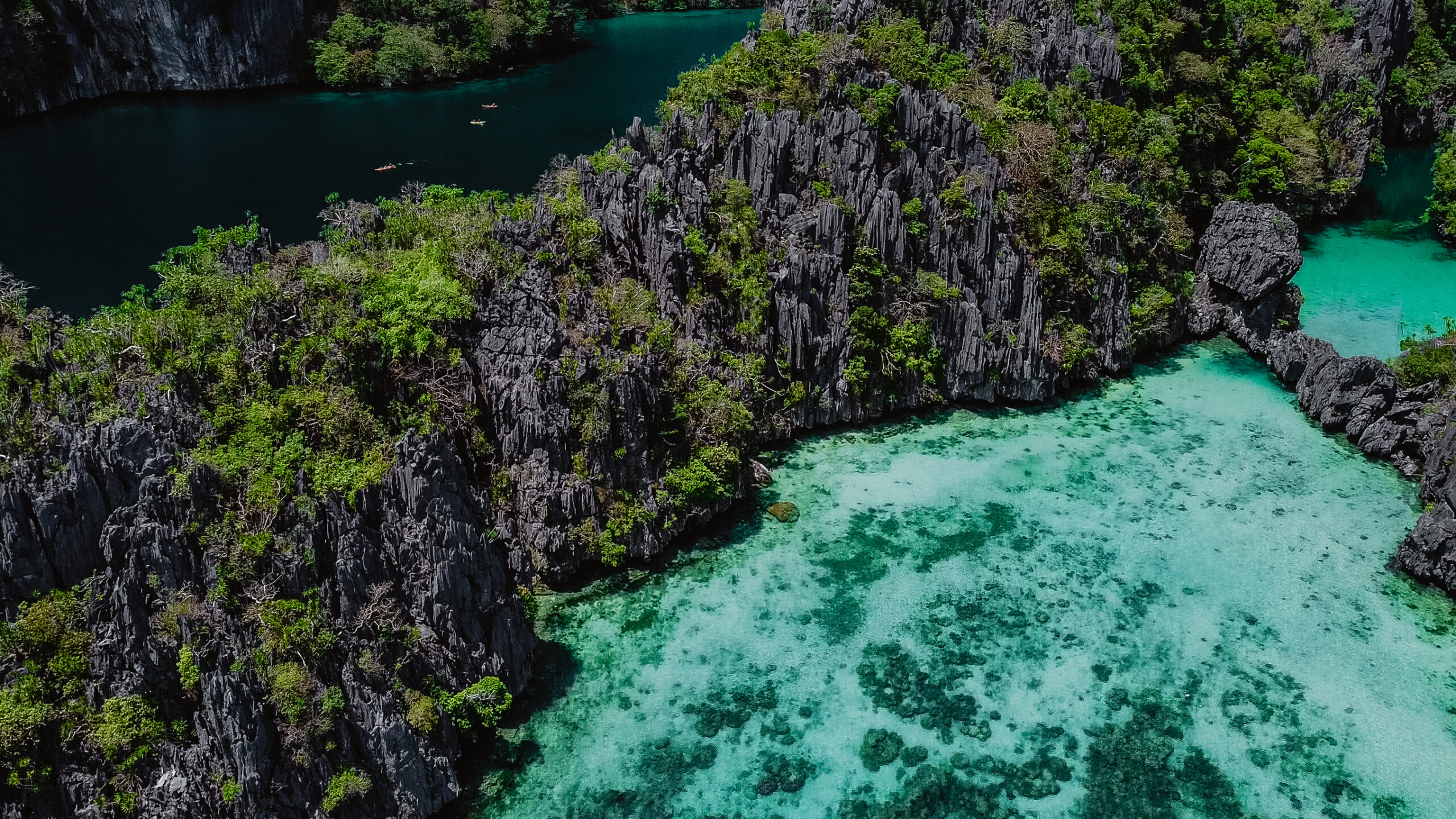 drone photo of the Small Lagoon with part of the Big Lagoon visible, El Nido island hopping tour, Palawan, Philippines