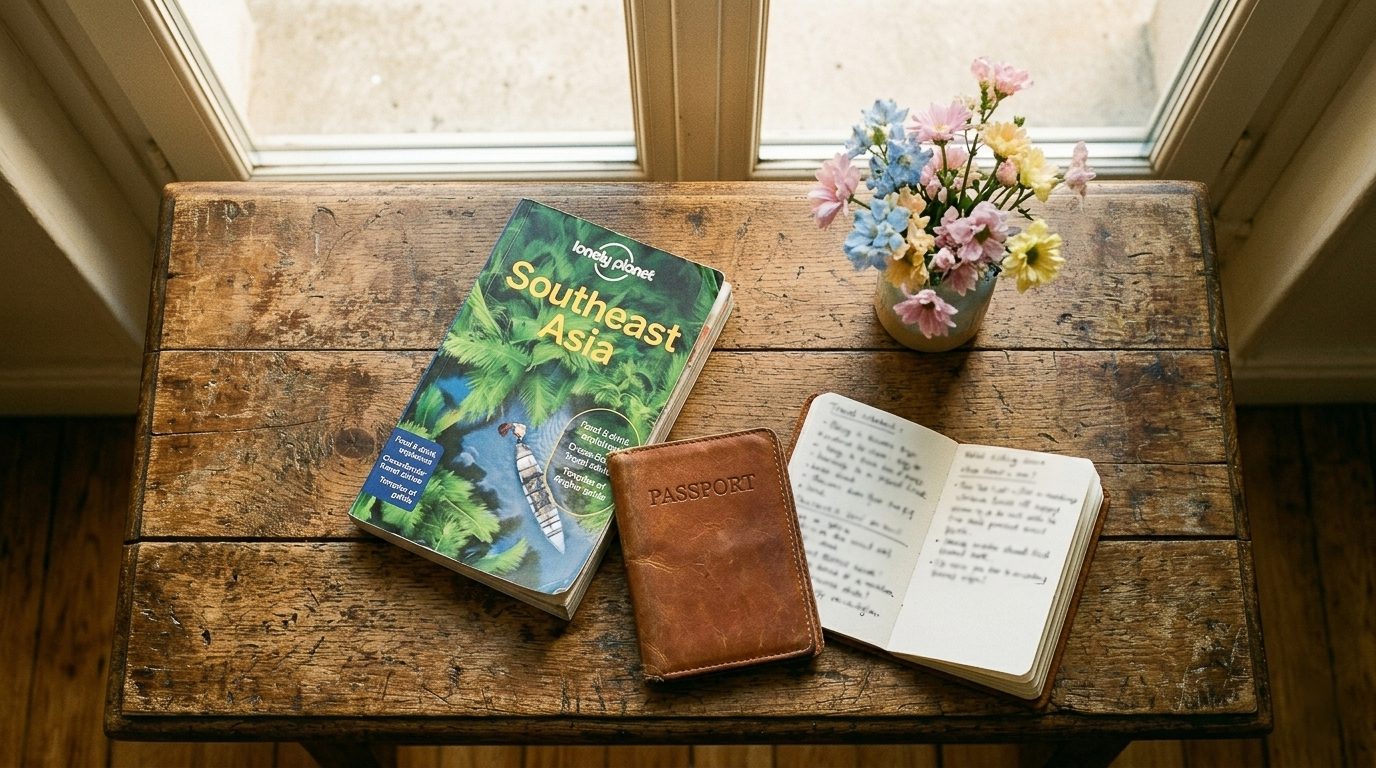 passport, travel journal and Southeast Asia guide on a wooden table — travel planning essentials